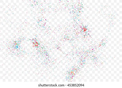 Colorful celebration background with confetti isolated on white, Abstract background with many splattered falling round glitter pieces. Sprinkle random pattern made of confetti blow drops.