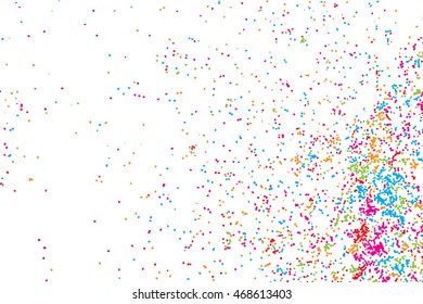 Colorful celebration background with confetti isolated on white, holiday illustration. Abstract background with many splattered falling round glitter pieces. Sprinkle random pattern, confetti blow. 