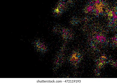 Colorful celebration background with confetti isolated on black, Abstract background with many splattered falling round glitter pieces. Sprinkle random pattern made of confetti blow drops.