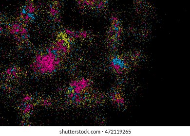 Colorful celebration background with confetti isolated on black, Abstract background with many splattered falling round glitter pieces. Sprinkle random pattern made of confetti blow drops.