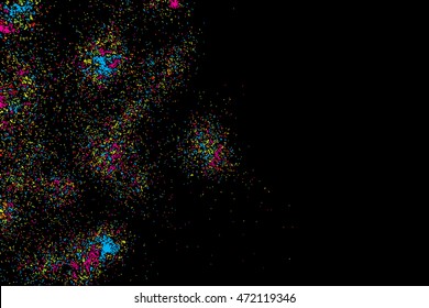 Colorful celebration background with confetti isolated on black, Abstract background with many splattered falling round glitter pieces. Sprinkle random pattern made of confetti blow drops.