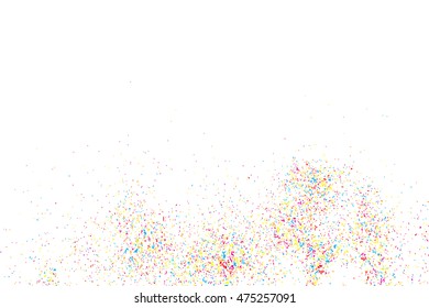 Colorful celebration background with confetti isolated on white, holiday illustration. Abstract background with many splattered falling round glitter pieces. Sprinkle random pattern, confetti blow. 