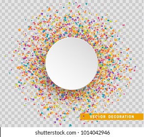 Colorful celebration background with confetti. Paper white bubble for text.