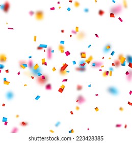 Colorful celebration background with defocused confetti. Vector illustration.