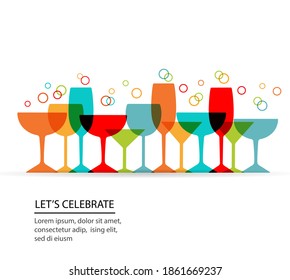 Colorful celebration background with different drinks glasses, champagne, martini, wine and bubbles. Let’s celebrate text with copy space