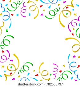 Colorful celebration background. Paper and ribbon with confetti. Vector Illustration isolated on white background.