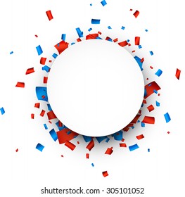 Colorful Celebration Background. Paper Round Speech Bubble With Red And Blue Confetti. Vector Illustration.