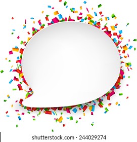 Colorful celebration background. Paper speech bubble with confetti. Vector Illustration.