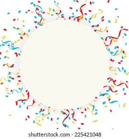 Colorful celebration background with streamers and confetti in flat design style, vector Illustration.  