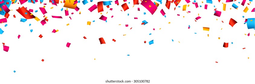 Colorful celebration banner with confetti. Vector background.
