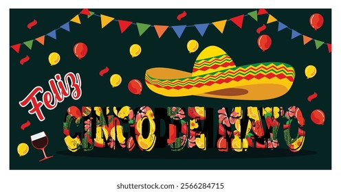 Colorful celebration of Cinco de Mayo featuring balloons, a sombrero, festive decorations, and joyful vibes.  Flat vector modern illustration 