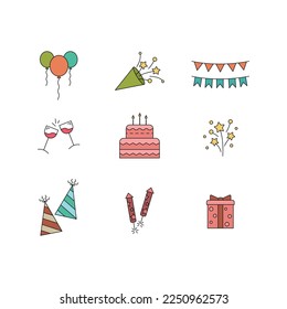 Colorful celebration icons set. Party and birthday celebration symbols.