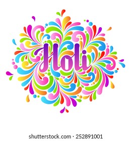 Colorful celebration ornate splash Holi background. Abstract Holi lettering, Indian festival greeting card, template design