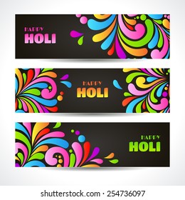 Colorful celebration ornate splash Holi banners header. Indian festival greeting cards Ornamental template set design with color pattern black background Happy Holi
