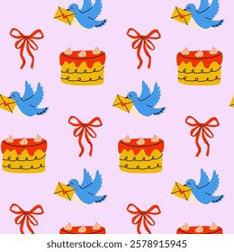 A Colorful Celebration Pattern featuring Charming Birds, Delicious Cakes, and Festive Ribbons