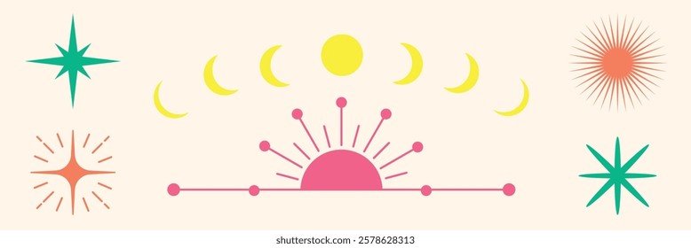 Colorful celestial design with stars, sun, and moon phases. Stars and sun in vibrant colors. Moon phases in sequence. Celestial theme with stars and sun. Spirituality vector set.