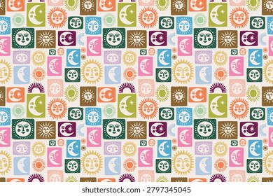 Colorful Celestial Seamless Pattern with Sun and Moon Faces, Retro Boho Tile Style Background