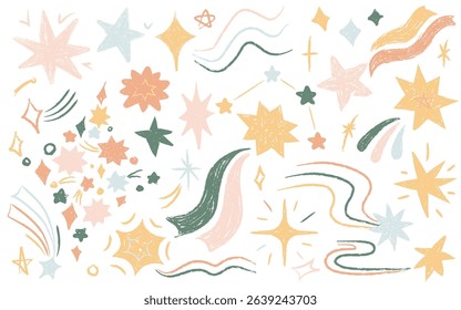 Colorful celestial shapes with crayon texture whimsical doodles vector illustration. Starry pencil stencils design elements, cosmic bodies, falling comet, blinking stars artistic decorative drawings