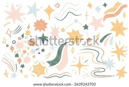 Colorful celestial shapes with crayon texture whimsical doodles vector illustration. Starry pencil stencils design elements, cosmic bodies, falling comet, blinking stars artistic decorative drawings