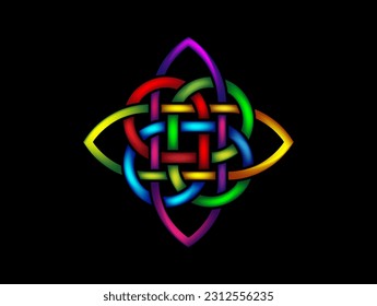 Colorful celtic knot, interlocked circles logo, vector multicolors tattoo ornament interlaced tape isolated on black background. Fashion interweaving of vibrant colors