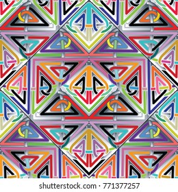 Colorful celtic seamless pattern. Bright tribal abstract vector background. Modern ethnic wallpaper. Multicolor corners, knots, shapes, lines, stripes, geometric figures, tiled intricate ornaments.