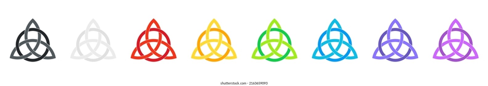 Colorful celtic triquetra knot set. Celtic trinity knot. Intertwined triangular figure. Wiccan divination and protection symbol. Ancient occult sign. Logo template. Vector illustration