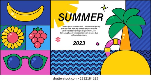 Colorful ceometric summer background, poster, banner, card. Place for text. Summer promotion concept. Cute, tero, colorful style.