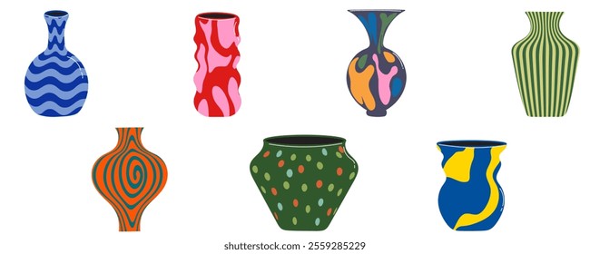 Colorful ceramic cartoon vases and pots with unique patterns. Porcelain jugs, flower vases, and decorative pieces perfect for home styling. A vector-style sticker collection for decoration.