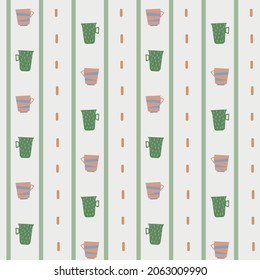 Colorful ceramic cups seamless pattern. Modern scandinavian style. Artisan pottery design concept.