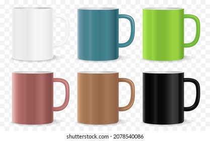 Colorful Ceramic Mugs Vector Mockup. Isolated blank coffee cup templates ready for design.