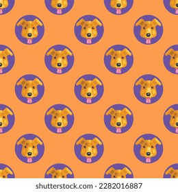 Colorful ceramic tile featuring a cheerful animal design. Seamless pattern with dog on dark jungle green background. Design for a children’s book cover with an animal graphic.