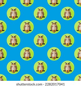 Colorful ceramic tile featuring a cheerful animal design. Seamless pattern with owl on dark turquoise background. Design for a set of stickers with animal graphics.