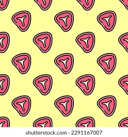 Colorful ceramic tile featuring a cheerful food design. Seamless pattern with meat on blond background. Design for a stain-resistant wrap for salads.