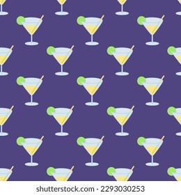 Colorful ceramic tile featuring a cheerful food design. Seamless pattern with glass  on dark lavender background. Design for an insulated wrap for sandwiches.