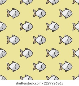 Colorful ceramic tile featuring a cheerful food design. Seamless pattern with fish on desert sand background. Design for a scrolling border.