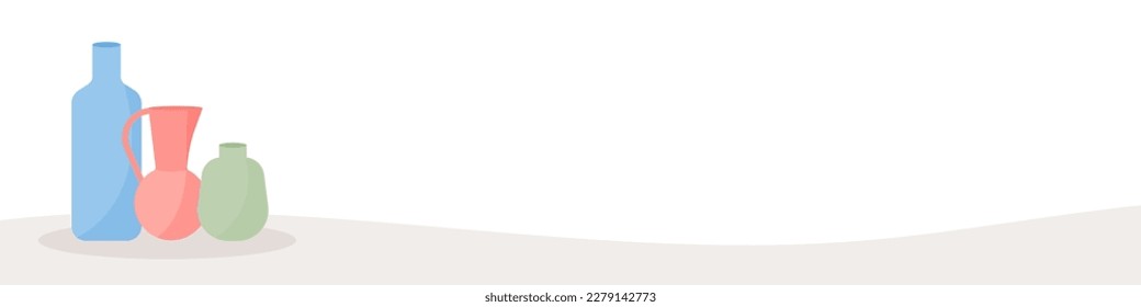 Colorful ceramic vases composition. Horizontal banner. Copy space. For invitations, postcards, posters and social media posts. Vector illustration, flat design