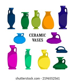 Colorful ceramic vases set. Ancient Greek, Roman jar with two handles and a narrow neck. Vintage amphora, trophy, pots, bottles, cups isolated on white background. Vector illustration graphic design