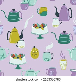 Colorful ceramics seamless pattern. Cute background with tableware and cake. Handmade kitchenware. Cartoon style vector illustration for wallpaper, textile, wrapping paper.