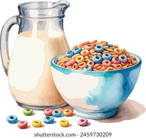 Tazón de cereal colorido con una jarra de leche