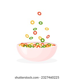 Colorful cereal milk breakfast. Rolled oats or crunchy cornflakes ara falling in a bowl. Sweet food for kids. Vector illustration in trendy flat style