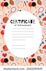 Certificado colorido de modelo de conquista com equipamentos esportivos, raquetes, bolas e itens de fitness no fundo pastel. Ilustração vetorial na moda, desenhado à mão, design plano