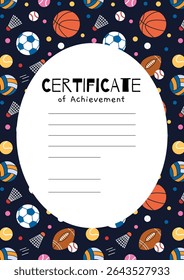 Colorful certificate of achievement template with various sports balls like volleyball, basketball and shuttlecocks pattern on dark background. Trendy vector illustration, hand drawn, flat design