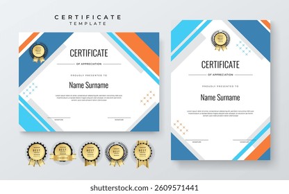 Colorful Certificate Design Template With Award Badges. Comes with award badges for a professional presentation of accomplishment and recognition