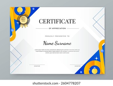 Colorful Certificate Template for Appreciation and Achievement. Features Geometric Shapes and Award Icons, Perfect for Professional or Educational Achievements