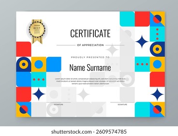 Colorful Certificate Template For Appreciation and Achievement. Features geometric shapes and award icons, perfect for professional or educational achievements