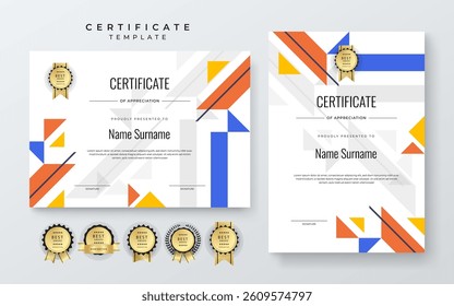 Colorful Certificate Template For Appreciation and Achievement. Features geometric shapes and award icons, perfect for professional or educational achievements