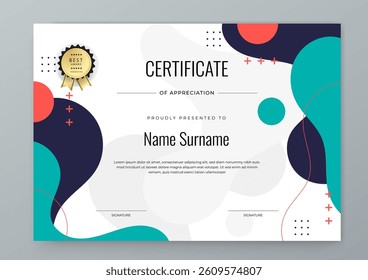 Colorful Certificate Template For Appreciation and Achievement. Features geometric shapes and award icons, perfect for professional or educational achievements