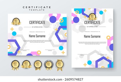 Colorful Certificate Template For Appreciation and Achievement. Features geometric shapes and award icons, perfect for professional or educational achievements