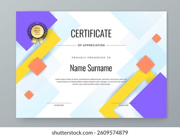 Colorful Certificate Template For Appreciation and Achievement. Features geometric shapes and award icons, perfect for professional or educational achievements