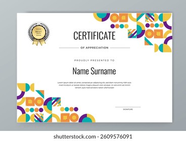Colorful Certificate Template For Appreciation and Achievement. Features geometric shapes and award icons, perfect for professional or educational achievements